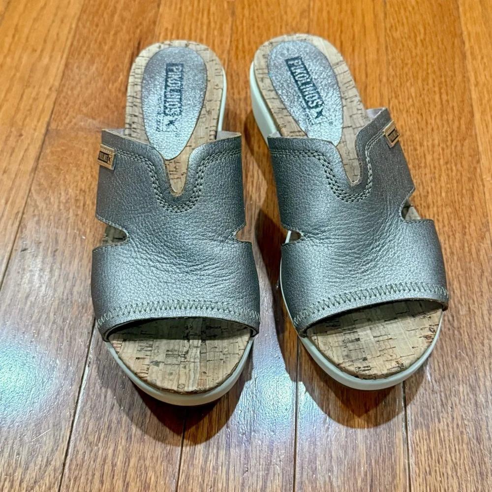 Pikolinos Women’s 35 4-5 Metallic Leather Wedges Slides Sandals Gold Silver Boho - Picture 4 of 12